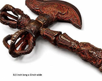 Vintage Tibetan Phurba Ritual Dagger with Kartika, Handmade Buddhist Vajra Altar Decor | Himalayan Bronze Spiritual Artifact BR505