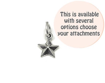 May include: Silver star charm with a loop for attaching to a necklace or bracelet. The charm is available with several options for attachments.
