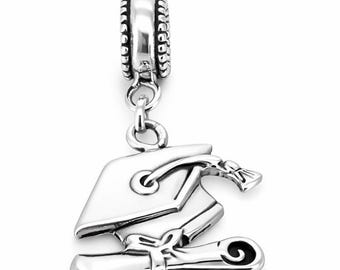Sterling Silver Graduation Cap Charm Bead for European Bracelet, Necklace, 6mm Hole, Graduation Gift for her, Graduation Cap Dangle charm