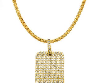 Men's Pave Dog Tag Necklace, Cubic Zirconia, Box Chain, Gold, Rose Gold, Silver, Black Finish - Choose Finish and Length