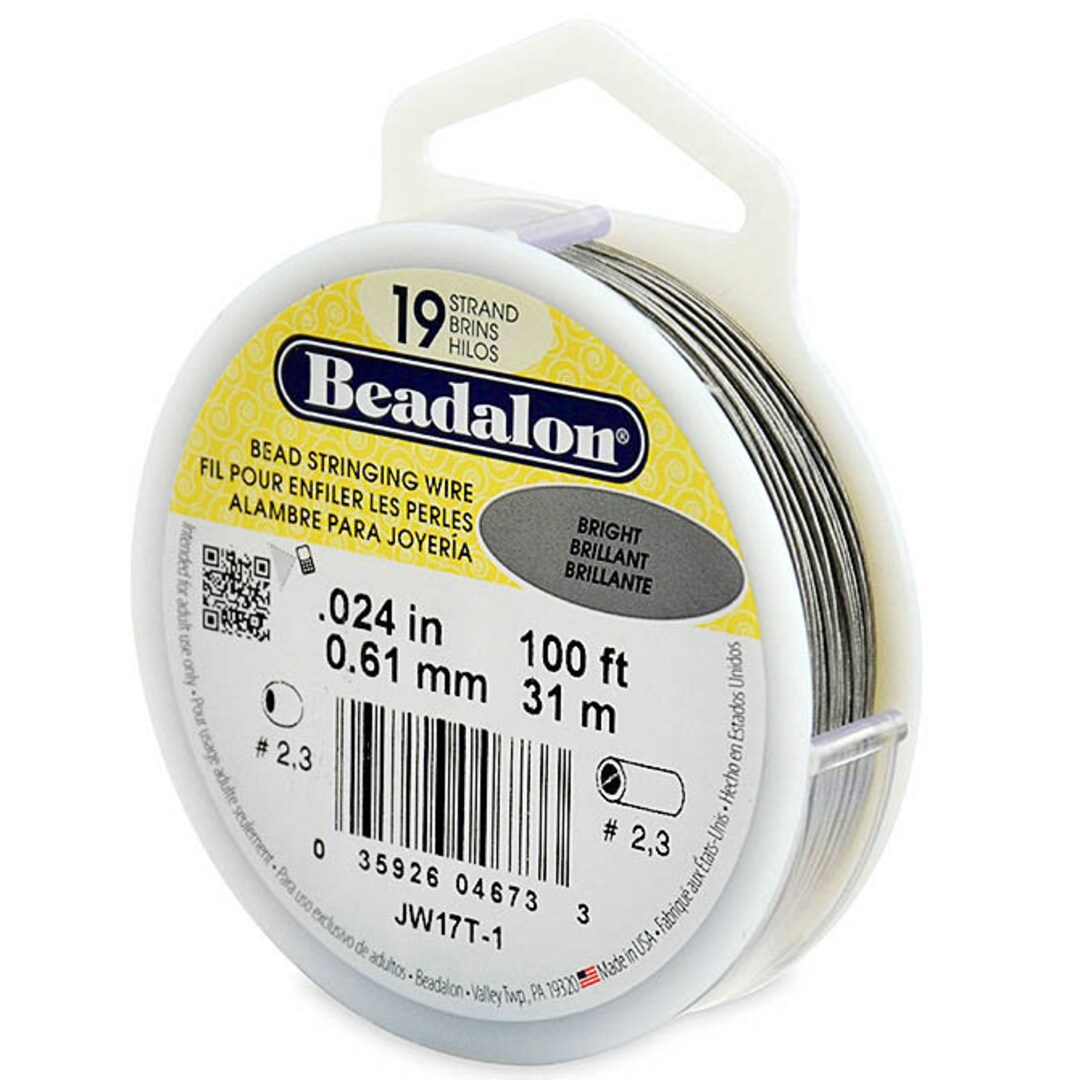 7 Strand Stainless Steel Bead Stringing Wire, .024 in (0.61 mm), Bright,  100 ft (31 m)