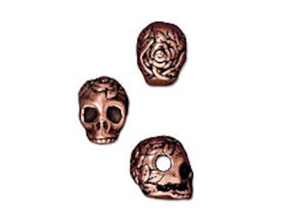5 Pc Rose Skull Bead with Horizontal Hole 10x10mm Antique Copper Finish Tierracast Large Hole Beads - P5715CA