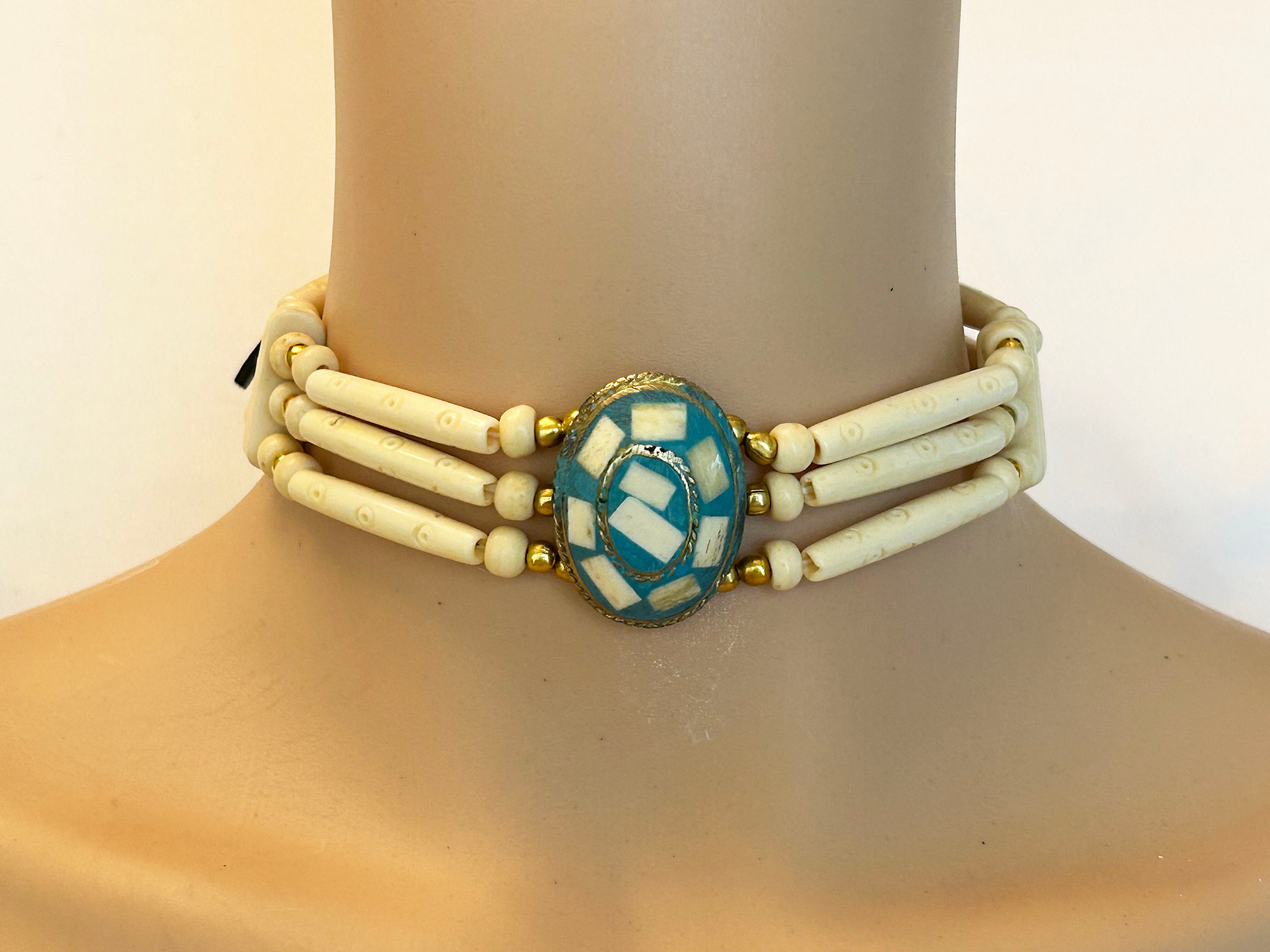 Handmade 3 Line Carved Camel Buffalo Bone Hairpipe Traditional Native inspired Bone Choker Necklace, Ceremonial Regalia, Pow Wow jewelry