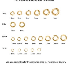 May include: A variety of 14K gold-filled open jump rings are displayed, ranging in size from 3mm to 9mm. The image includes text indicating the gauge and size of each ring. The text also mentions smaller jump rings for permanent jewelry.