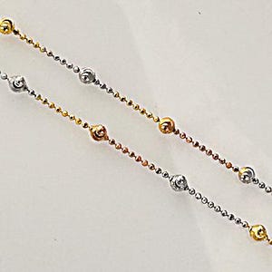Tri-Color 925 Sterling Silver Chain Necklace, 18&quot; 1.2mm Diamond Cut beaded chain, 25 Beads - 3mm Moon Cut Beads Rose Yellow Gold Vermeil