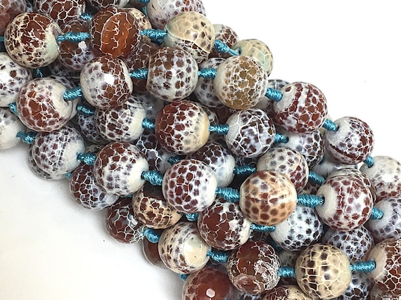 15mm White and Brown Faceted Round Burning Fire Agate Beads, Full 15" Strand Approx. 19 Beads, Fire Gemstone Beads - SAGT031