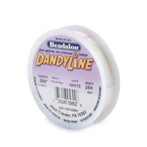 May include: White Beadalon Dandyline beading thread, 0.004 inches in diameter, 10lb break strength, 25 meters (82 feet) long. Made in the USA.