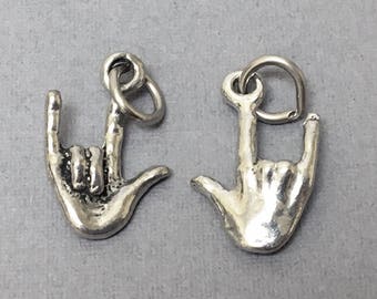10Pc I Love You Charm Sign Language, Pewter Charm with Jump Ring, Antique Silver Finish 17.5x10mm - PPP600