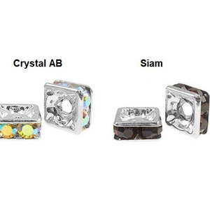 May include: Two square-shaped crystal bead caps, one with an iridescent rainbow finish labeled "Crystal AB" and the other with a dark brown finish labeled "Siam".