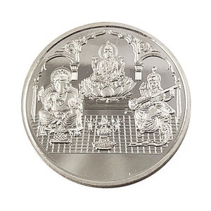 Lakshmi Ganesh Saraswati Coin  10 Gm Pure 999 Silver Coin hallmarked 999 Silver Coin Hindu Religous Coin 32mm/1.25" Shubh Labh Coin