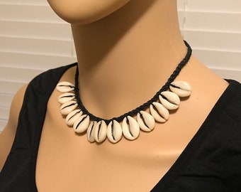 Cowrie Shell Necklace chokker 15" for girls Petite Dainty 13 Flat cut cowrie shells approx 0.75 inch, Black thread braided N234