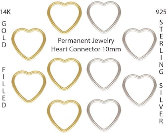 5 Pc Heart Connectors for Permanent Jewelry, 10mm wire heart,  Choose 14kt Gold Filled or 925 Sterling Silver USA Made, Buy Bulk & Save