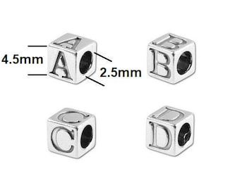 Choose your Letters A to Z), Numbers, Symbols;  and Quantity Sterling Silver 4.5mm Letter Cubes, 4.5mm Bead 2.5mm hole, made in U.S.A