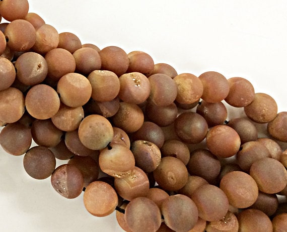 10mm Druzy Geode Sedona Red Tones Round Gemstone 37 Beads, Rose Gold Tones - Full 15.5 Inch Strand - SDZ112