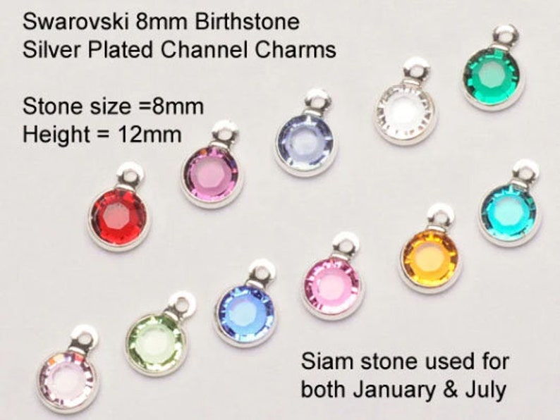 12 Pcs 8mm Stone LARGER Bezel Set Swarovski Birthstones Crystal Charms, Sterling Silver Plated, 1 of each month, CC8S-SET12 image 2