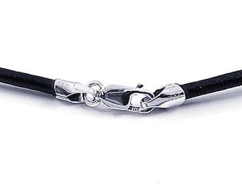 16, 18, 20-inch 2mm Round BLACK Leather Necklace With 925 Sterling Silver Lobster Clasp,  BLACK Leather Necklace, 2mm cord thickness.