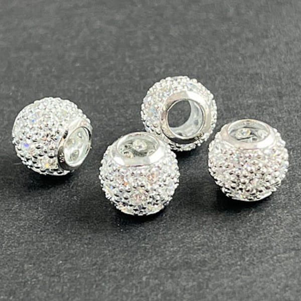 1 pc Sterling Silver 10mm Round CZ Bead, CZ White Zircon 10mm Round Spacer Beads 5mm large Hole Pave Set with Cubic Zirconia Stones - SBH224