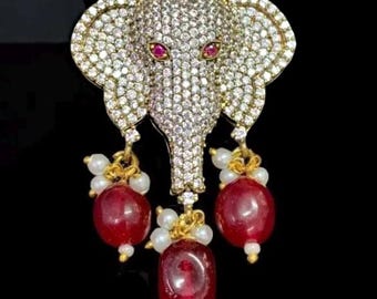 Royal Elephant Brooch for Men – Ant. Gold Finish CZ Diamond Sherwani & Suit Pin with Ruby Jade and Pearl, Ships from USA SRK Inspired BR50