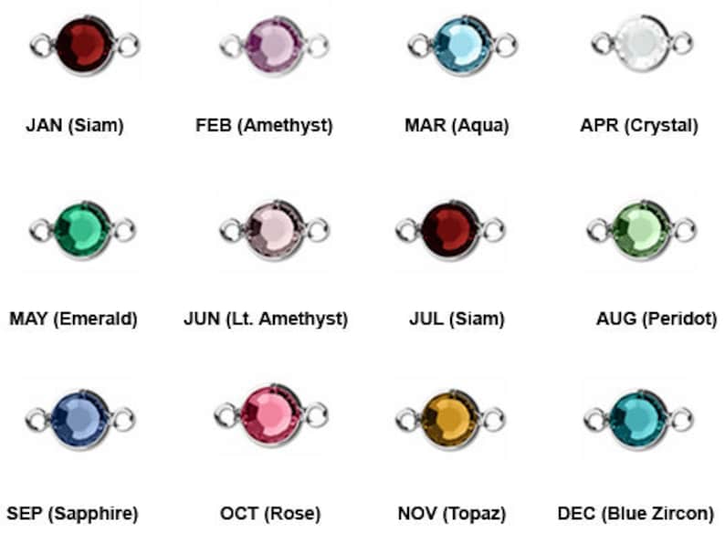 Puede incluir: Un gr&aacute;fico que muestra doce piedras preciosas de diferentes colores, cada una representando un mes del a&ntilde;o. Las piedras preciosas est&aacute;n engastadas en plata y tienen una forma redonda. Los meses est&aacute;n etiquetados debajo de cada piedra preciosa.