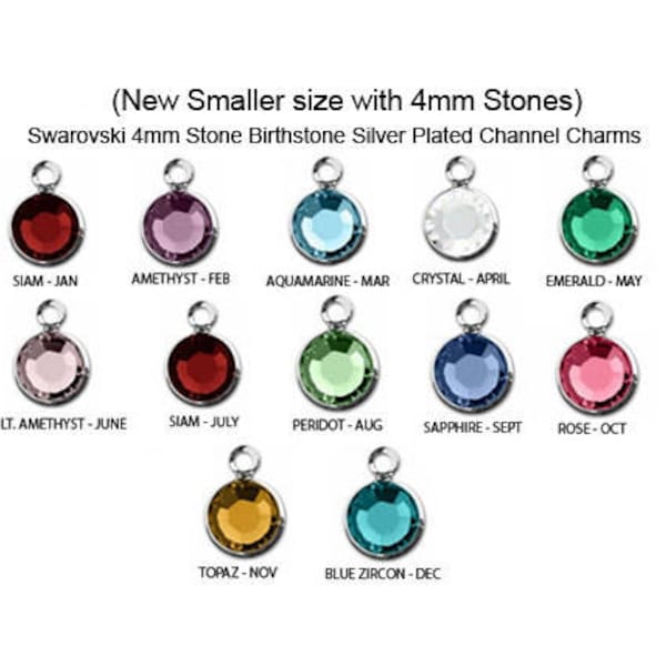 10  (New Smaller 4mm Stone) Swarovski® Birthstone Channel Charms Silver Plated - Choose your COLOR   CC4S-XXXX10