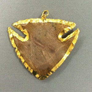 Jasper Arrowhead Gold Edged Pendant - Large Hand carved Brown color - 2 Inch, Tibet pendant, Boho pendant - TP214 Brown