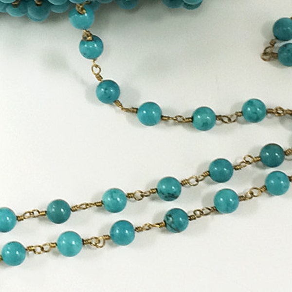 1 Ft  6mm Turquoise Howlite Rosary Chain by foot - Blue Rosary Chain Gold Ch174