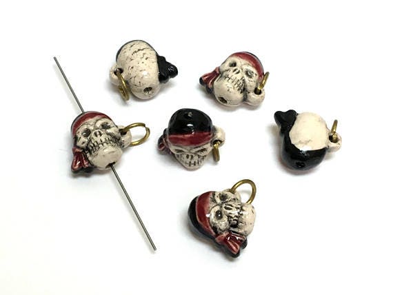 Tiny Pirate Skull Beads Peruvian Beads, Ceramic Beads, Lots of 4, 10 or 20  Pirate Skull Beads, Pirates of Carribean Beads, Pirate TT407 