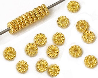 100pc 5mm Gold Daisy Heishi Beads, Pewter Beads,  2x5mm, 0.9mm hole, Bright Gold Bali Daisy Beads. Similar to Tierracast P0421GB Daisy Bead.