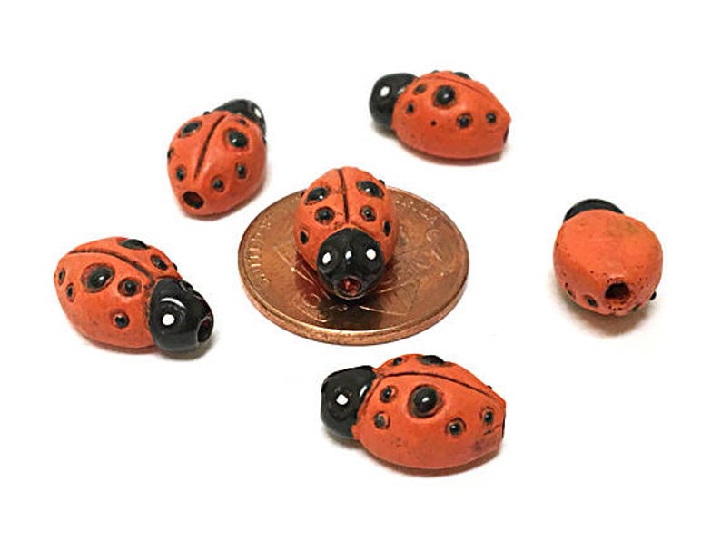 CBS Peruvian Beads 10 or 20 Orange Red Lady bug Beads 08 Ceramic Beads Insect Beads Lots of 4 Tiny Ladybug Orange Red Beads