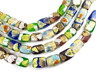 Vintage Indian Glass Beads 13.5x8.5mm Translucent Clear Multi color silver gold Foiled Glass Beads, 20 Bead Strand