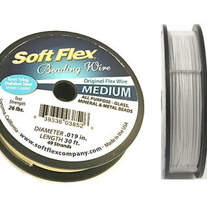 May include: A spool of silver Soft Flex beading wire, labeled "Original Flex Wire Medium" and "All Purpose - Glass, Mineral & Metal Beads". The spool is 30 feet long and has a diameter of 0.019 inches. It is made in the USA.