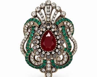 Peut inclure: Broche ornée avec une grande pierre rouge en forme de goutte d'eau au centre, entourée de petites pierres claires et grises. Le design incorpore des pierres vertes et claires, serties dans un cadre en métal doré. La broche a un design symétrique élaboré.