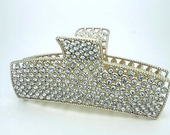 Big Metal Rectangle Rhinestone Claw Clip, silver  diamond Hair claw clip for thick hair, Wedding Claw clip, Bridesmaid gifts, Gifts for her