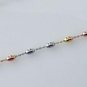 Sterling Silver Tri-Color Oval Diamond Cut Bead Station Chain Necklace 18&quot; Rose Yellow Gold Vermeil 925 Sterling Silver Chain Necklace Italy