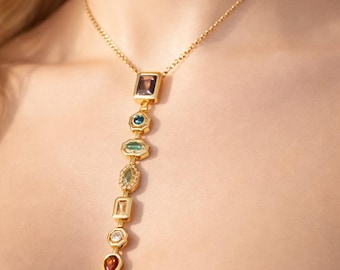 Gold Plated Chakra Zirconia Lariat Necklace, Yoga Meditation Jewelry, Gifts for her