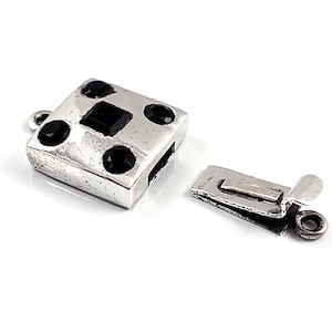 Sterling Silver Multi stone Box Clasp 27x17mm, Sterling Silver Findings, sterling silver faceted black stone square slider clasp - SF945
