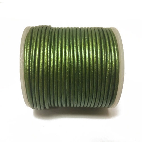 1.5mm Leather Cord Round Metallic Leather Cord- Soft Leather Cord 1.5mm - 25 meter Spool - Metallic Green - ILM15-250