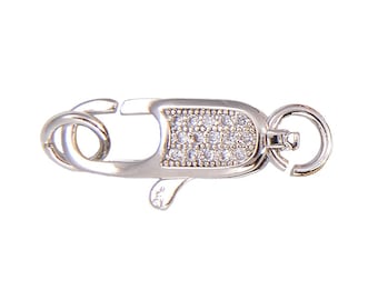 Pave Rhodium Plated Lobster Claw clasp with open jump ring, micro pave cz cubic zirconia, 16mm Silver jewerly clasp - BMP13-RD