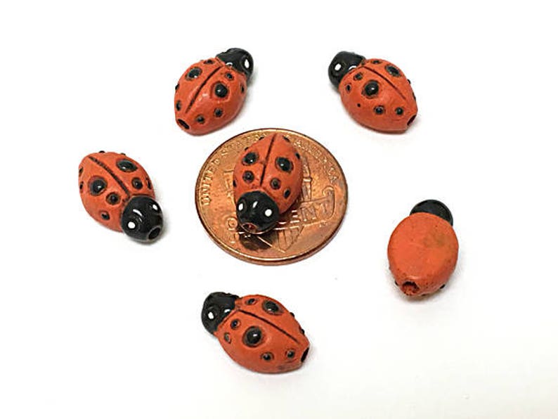 CBS Peruvian Beads 10 or 20 Orange Red Lady bug Beads 08 Ceramic Beads Insect Beads Lots of 4 Tiny Ladybug Orange Red Beads