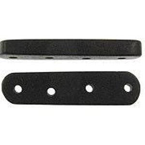 May include: Two black, rectangular plastic pieces with rounded edges. The top piece is a solid rectangle with four holes. The bottom piece is an oval with three holes. These pieces are likely used for construction or repair.