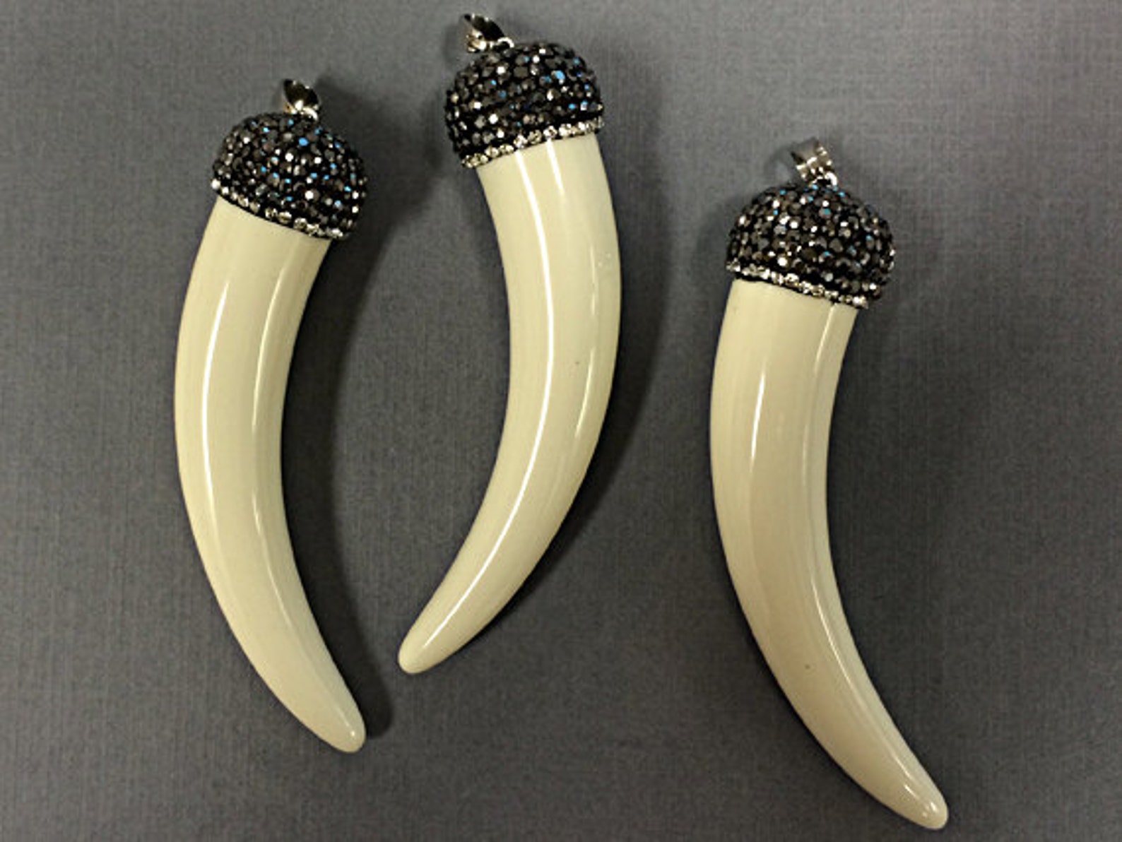 Pave Black Diamond Rhinestone Capped Bone Horn Pendant Cream ,3.25 ...