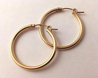 14K Gold-Filled Plain Hoop Earrings with snap back closure, 27mm, 1" 14k Gold-Filled Findings,1 Pair, 2.3mm Tube Hoop Earrings GF0227-2