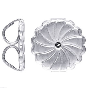 May include: A pair of silver earring backs, one is a simple loop and the other is a decorative swirl design.