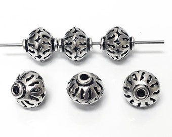 Sterling Silver Beads 10.6mm, Sterling Silver Bali Beads, 1.25mm hole, Bali style Sterling Silver Filigree Beads, Antique Silver Finish