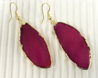 Fuchsia Earrings, Agate Slice Earrings, Agate Earring, 14K Gold Filled Earwires , Gold Edged Agate Earrings - E102