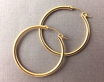 34mm Gold filled Hoops Earrings w/Clutch, 14k Gold-Filled Findings 1 Pair 2mm 34mm, 1.33" Gold Filled Hoops, Hoop Earrings - GF0234-2