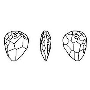 May include: A clear glass teardrop-shaped bead with a hole at the top. The bead is faceted and has a pointed tip. The bead is shown from three different angles.