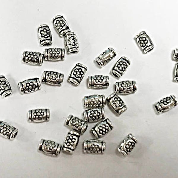 100 Pc Pewter Thai Karen Silver Style Tube  Bead 4x2.5mm, 1.2mm Hole, tiny silver tube beads  -  PBF301