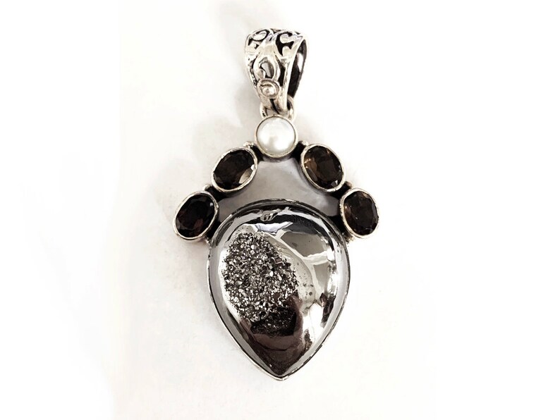 PSST2-02 1pc Sterling Silver Fancy Multi Stone Pendant 43mm Pear Shape Hematite Druzy Accented Pearl Smokey Quartz Faceted Stone Bezel