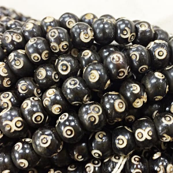 92Pc Batik Bone Beads, 7mm x 7mm Dark Brown almost Black & White Natural Bone Spacer Bead Strands, Tribal Ethnic Beads - B333 A